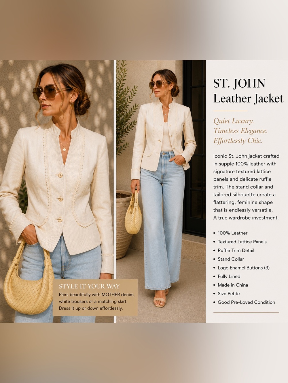 St. John 2000s Cream Leather Jacket with Textured Lattice Panels - Petite | US 2